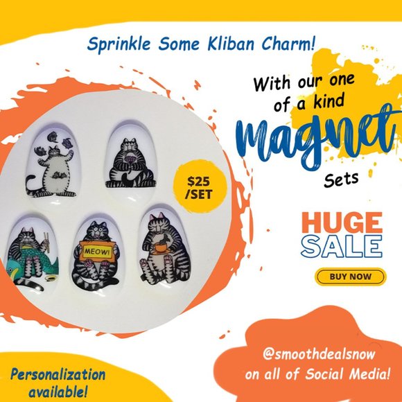 🐾🎨 Sprinkle Some Kliban Charm! Set of 5 Cat Lover's Glass Gem Magnets - Picture 1 of 7